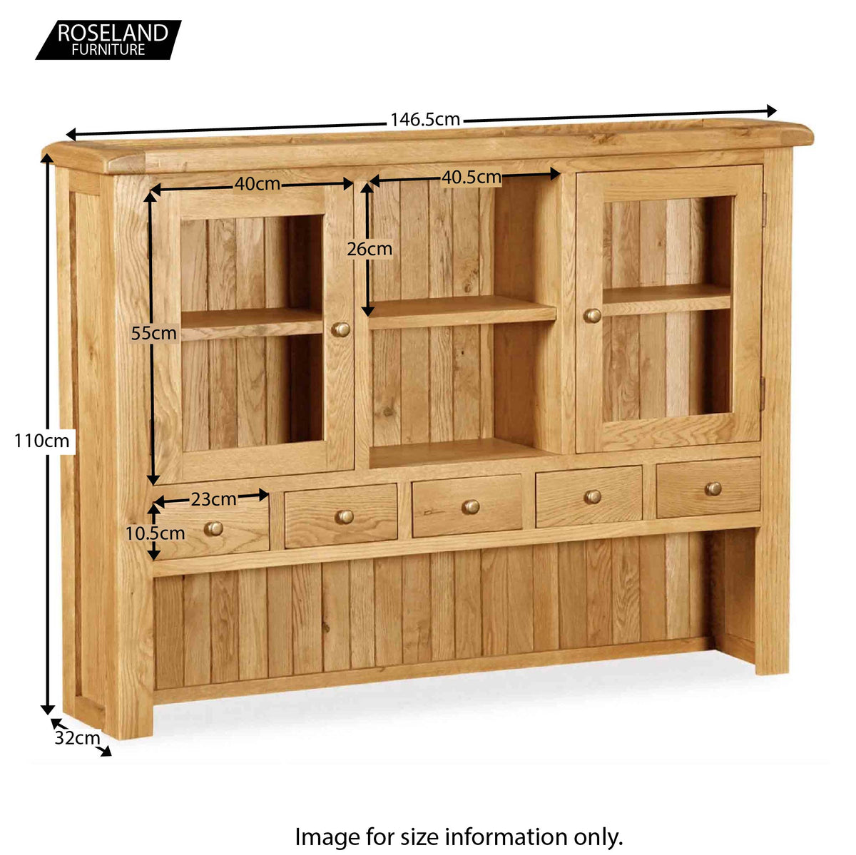Zelah Oak Large Dresser - Size Guide of Upper Hutch to Dresser