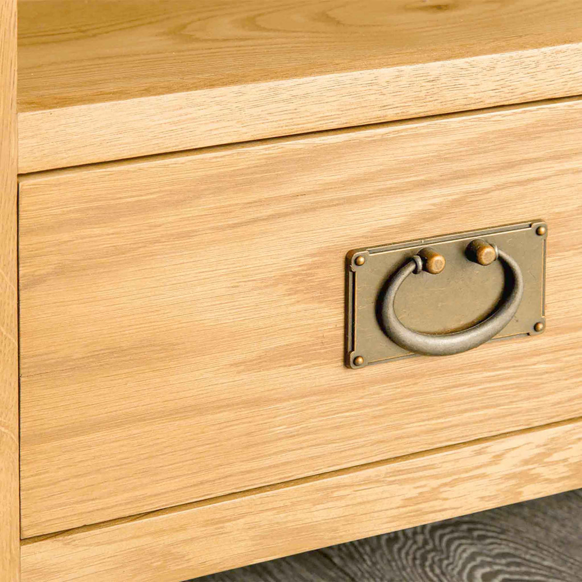 Surrey Oak Waxed Corner TV Stand - Close up of drawer handle