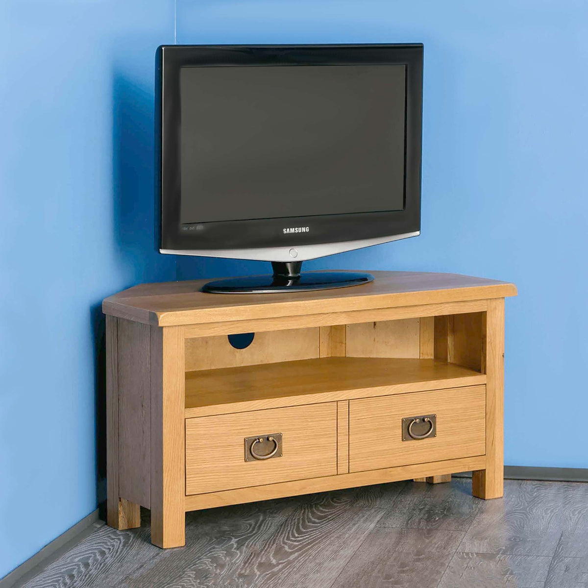 Surrey Oak Waxed Corner TV Stand - Lifestyle side view
