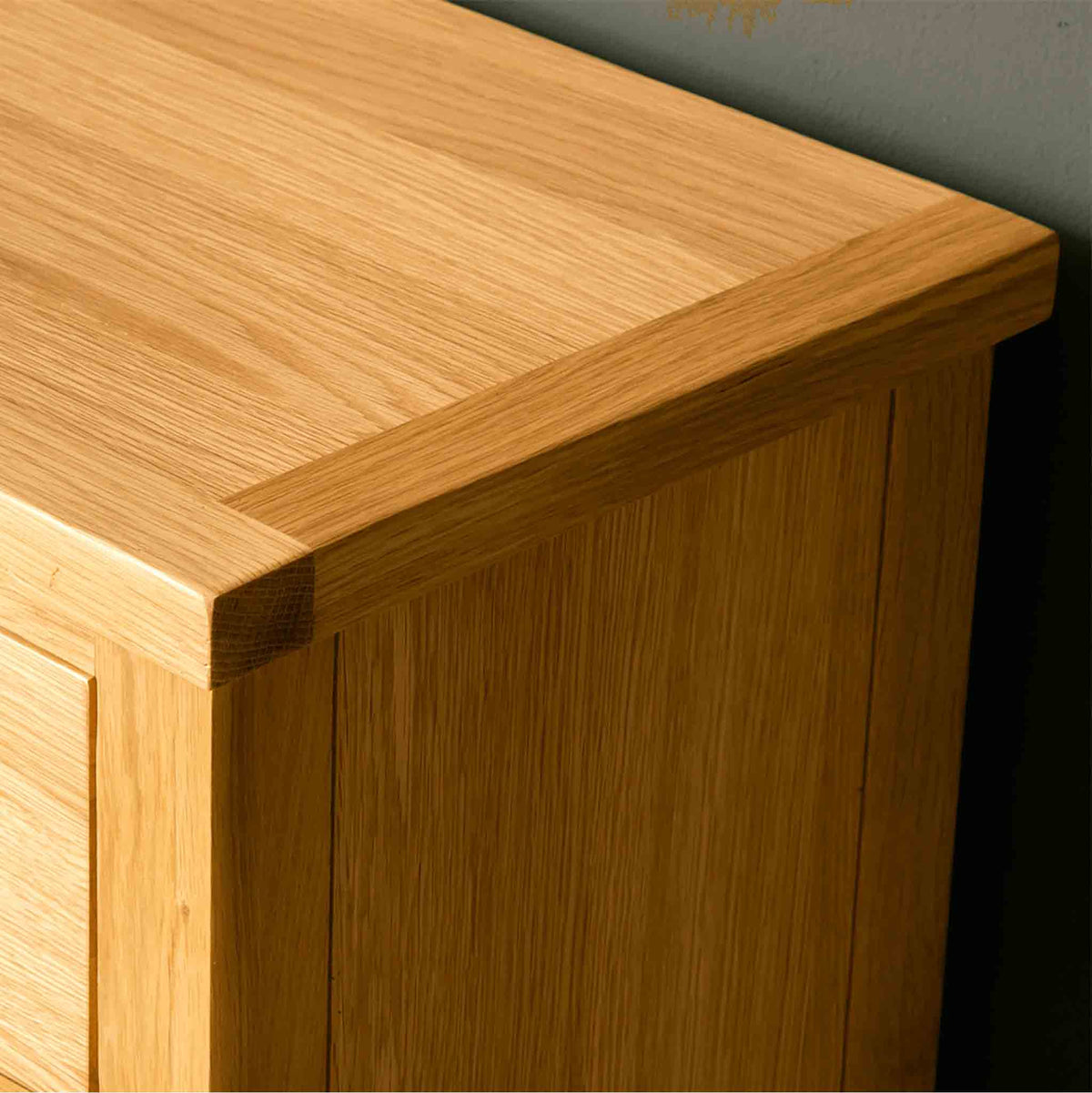Close up of the top surface of a London Oak Small Sideboard.
