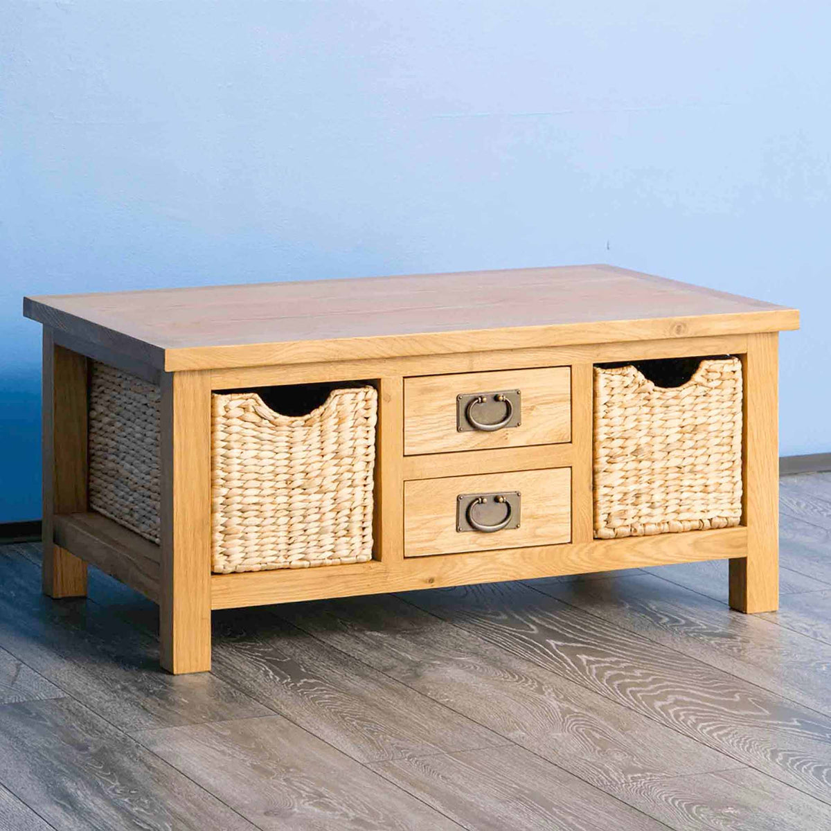 Surrey Oak Coffee Table with Baskets - Lifestyle side view
