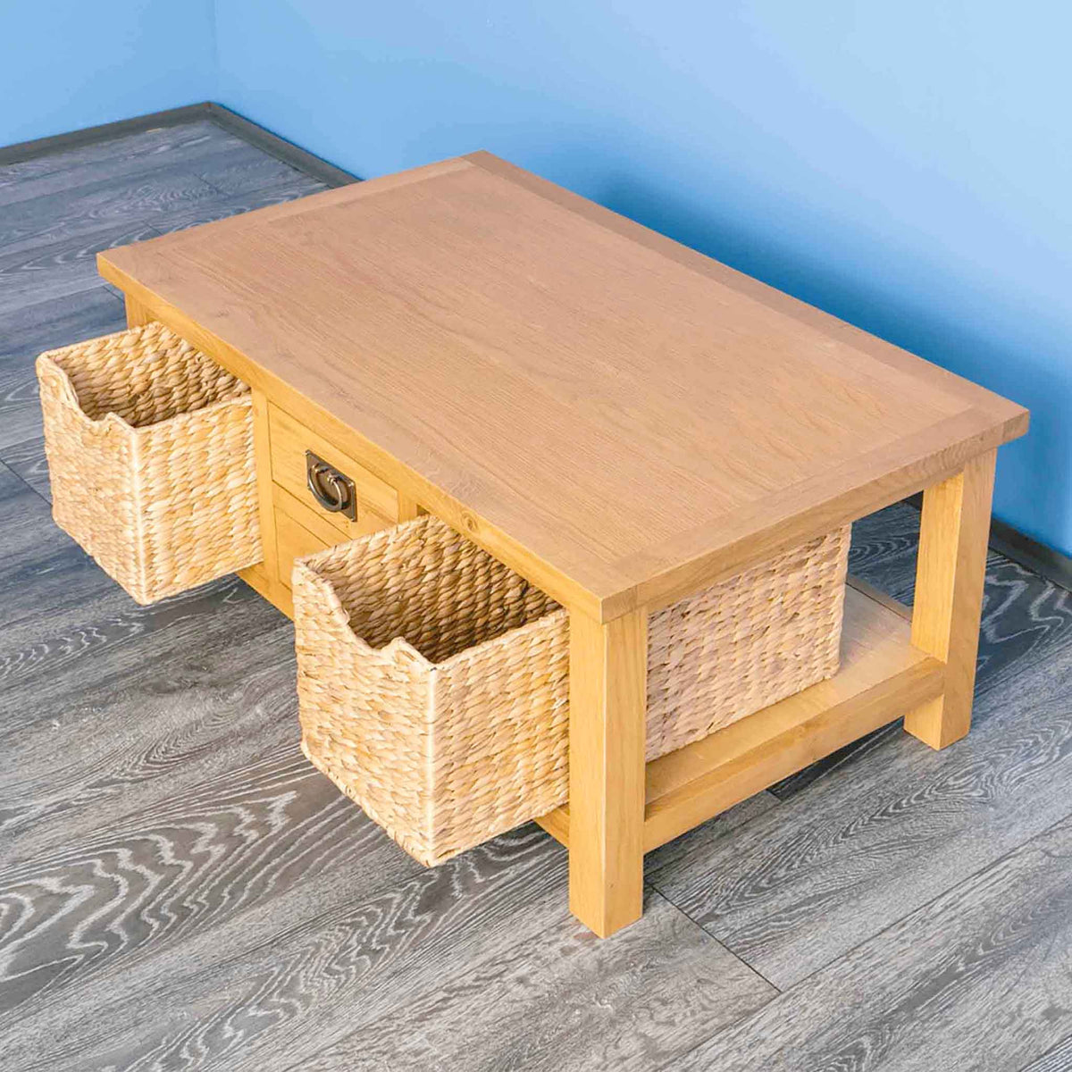 Surrey Oak Coffee Table with Baskets - Lifestyle looking down on table with baskets out