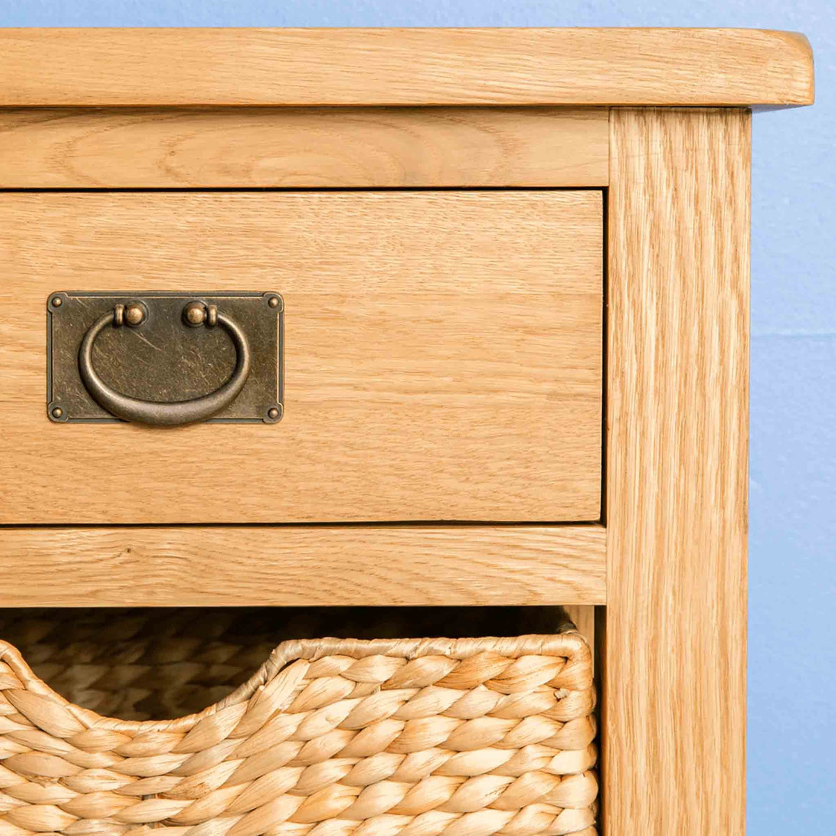 Close up of drawer - Surrey Oak Waxed Console Table with Baskets