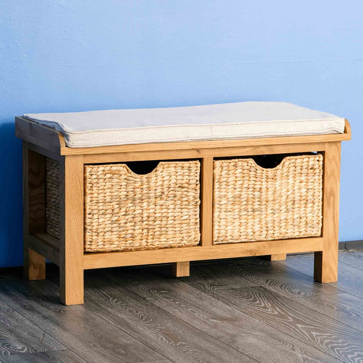 Surrey Oak Hall Bench with Baskets - Lifestyle