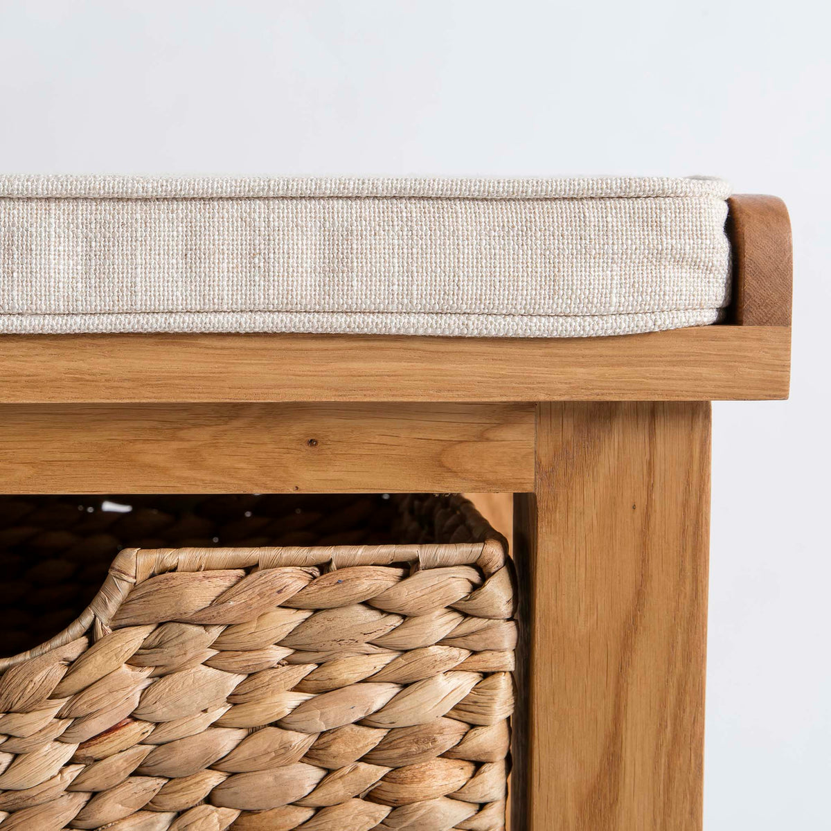 Surrey Oak Hall Bench with Baskets - close up of cushion