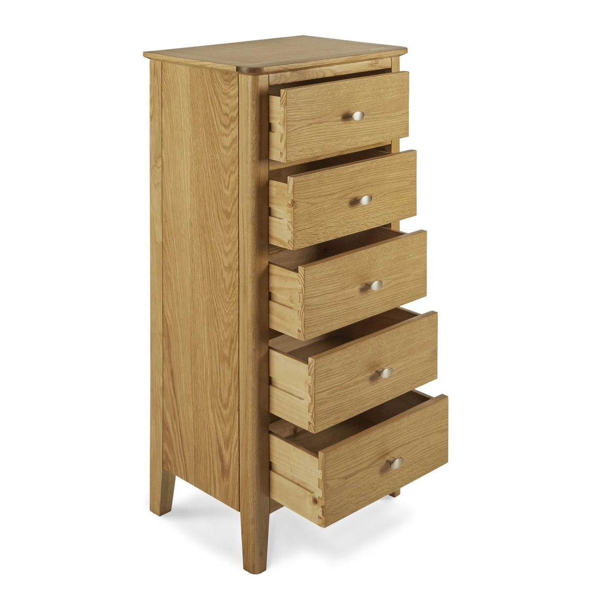 Alba Oak 5 Drawer Tallboy - Side view with drawers open