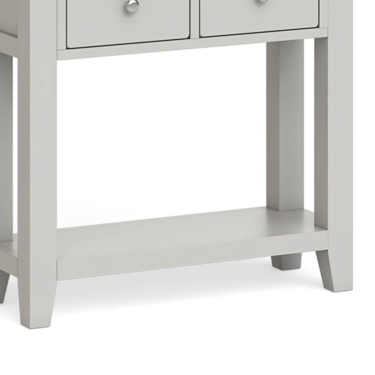 Lundy Grey Console Table - Close Up of Lower Shelf