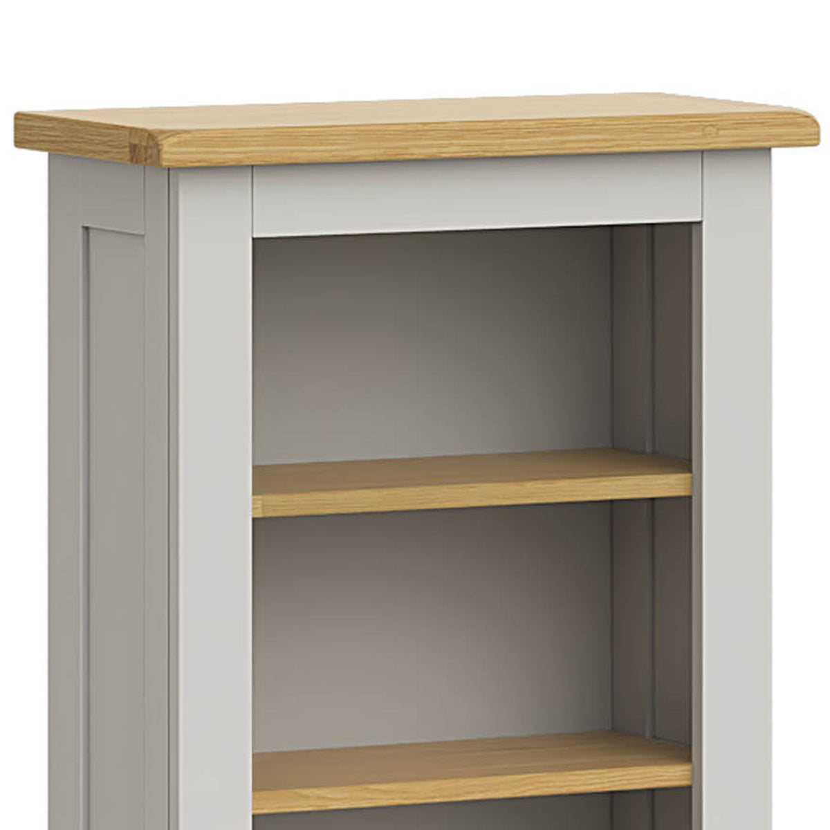 Lundy Grey Narrow Bookcase - Close Up of Top 