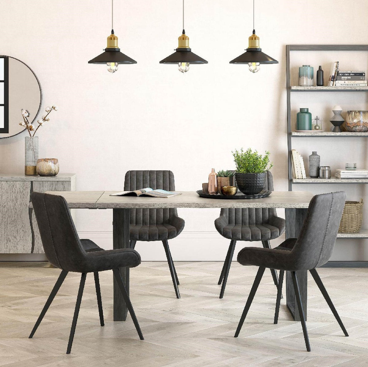 Lifestyle image of The Soho Grey Industrial Dining Table 140cm with extender attached
