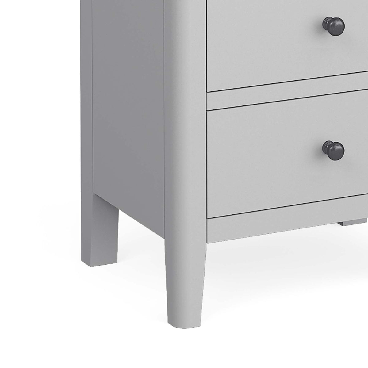 close up of tapered legs on the Elgin Grey Tallboy Chest of Drawers