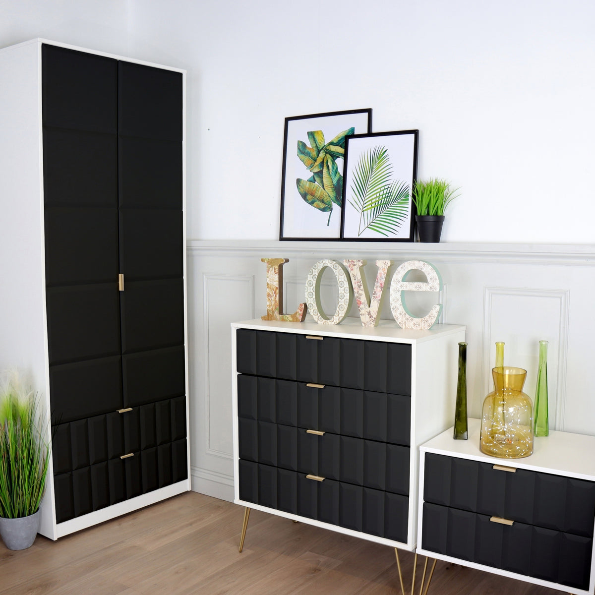 Harlow Black & White 2 Drawer Utility Chest with Gold Hairpin Legs for bedroom