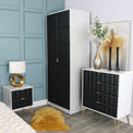 Harlow Black & White 2 Drawer Bedside with Gold Hairpin Legs for bedroom