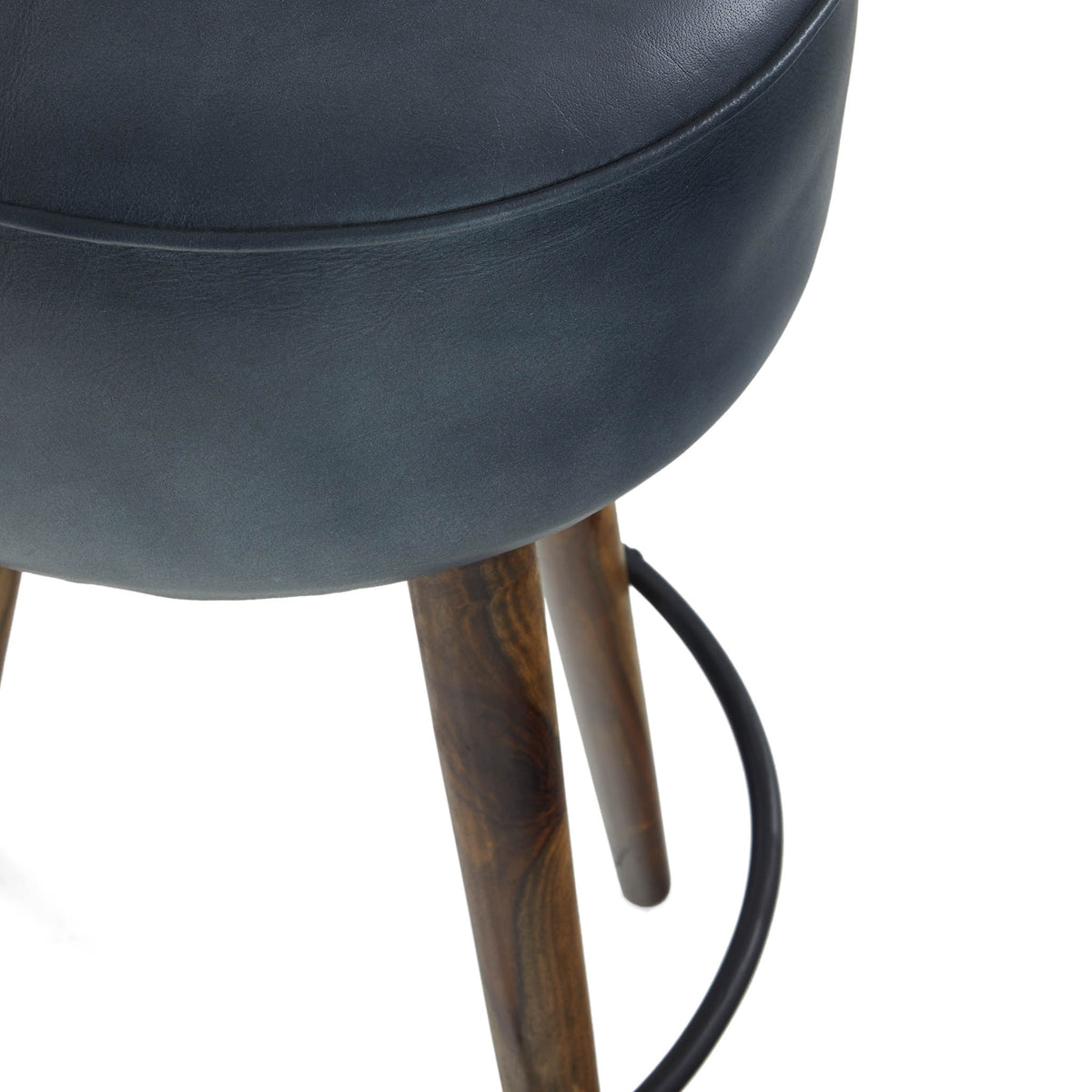 Loka Vintage Grey Leather Round Bar Stool seat close up