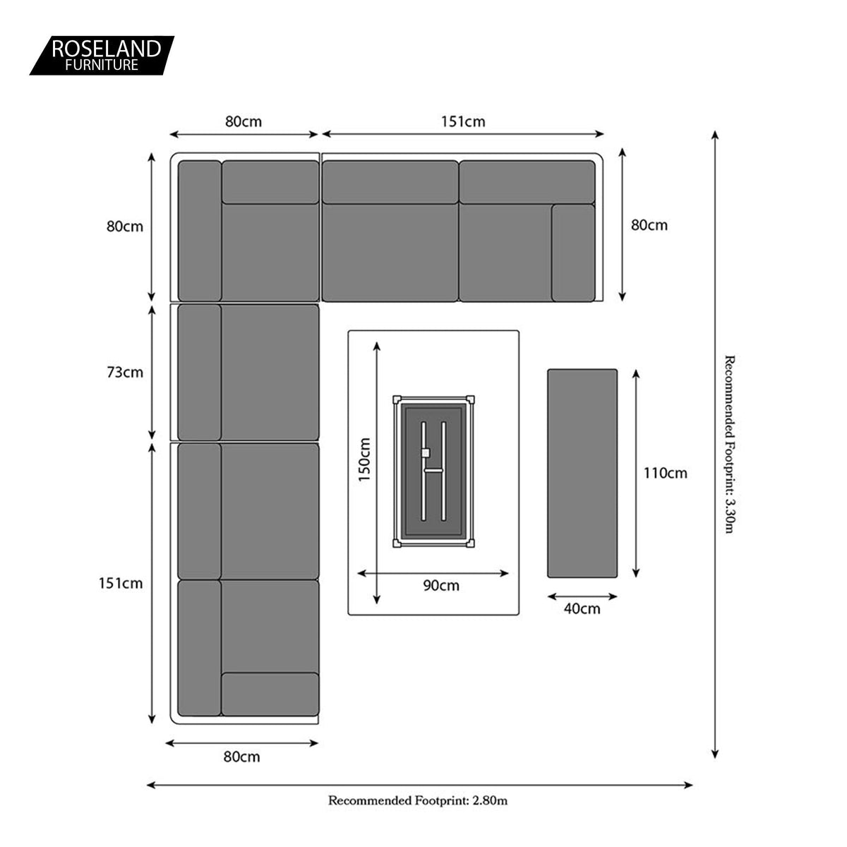 Mayfair 150cm Grey Outdoor Corner Fire Pit Table Lounge Set Dimensions & Size Guide