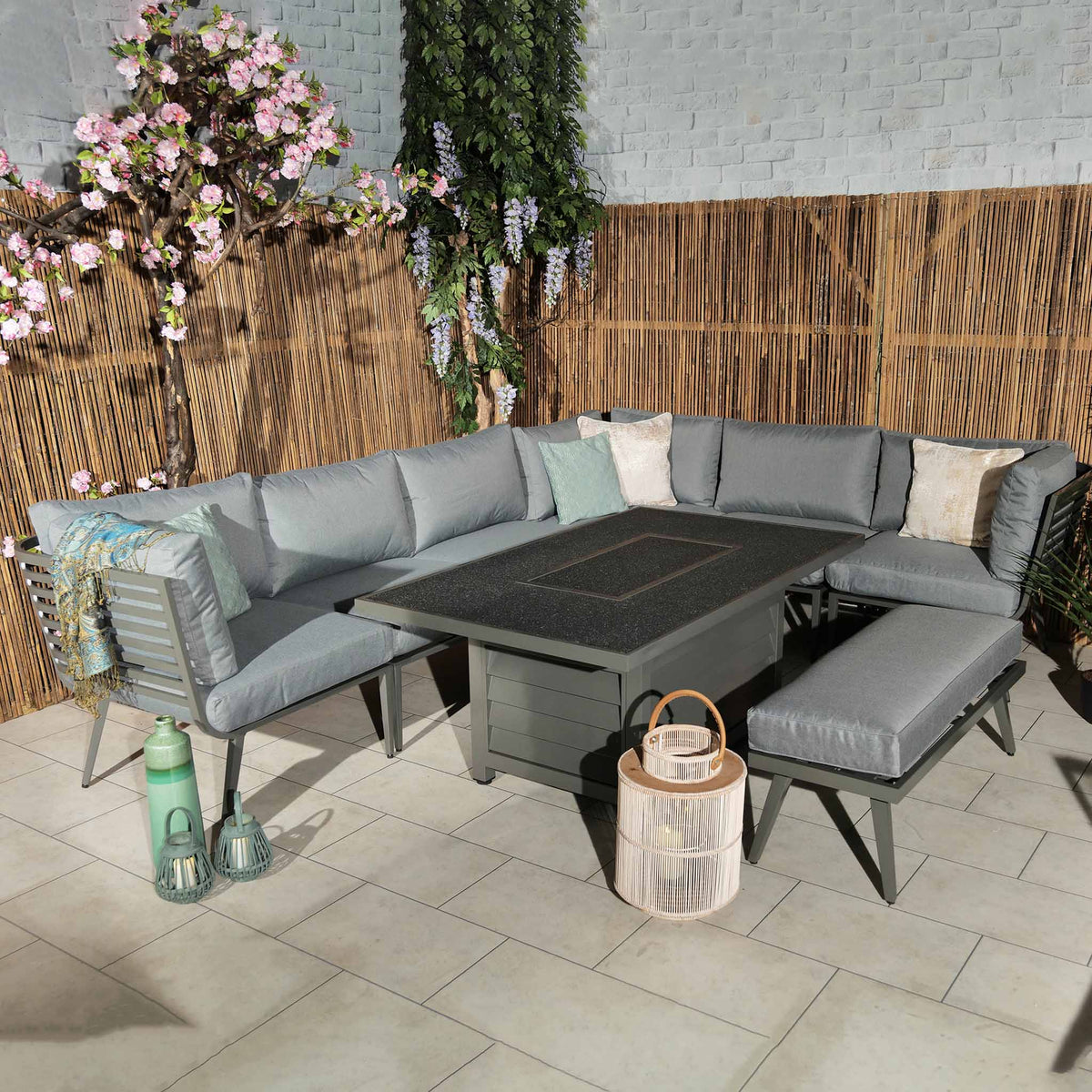 Mayfair 150cm Grey Garden Corner Fire Pit Table Lounge Set