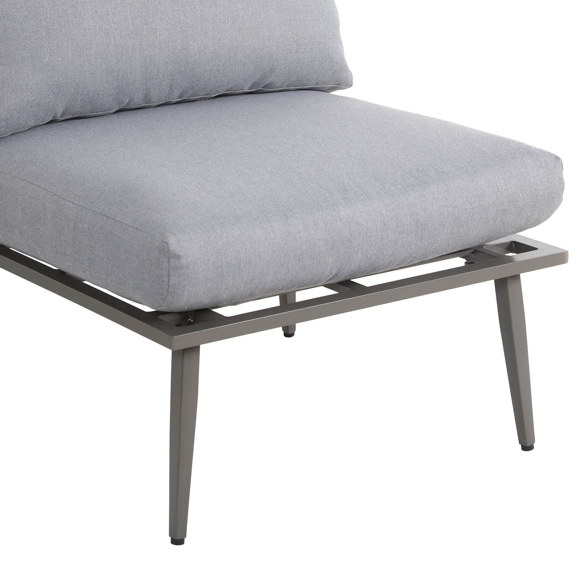 Mayfair 150cm Grey Outdoor Corner Fire Pit Table Lounge Set close up of padding seat cushions and aluminium legs