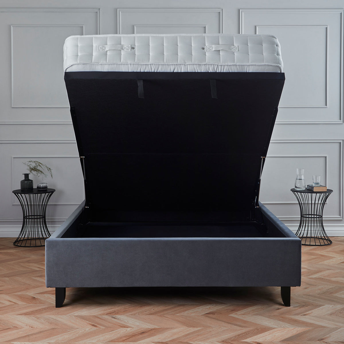 Francis Steel Velvet Ottoman Storage Bed fully opened storage font view