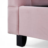 A pink upholstered sofa corner with a black leg, against a white background.