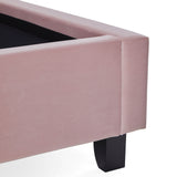A pink upholstered ottoman with an open black interior and a single black leg visible, isolated on a white background.