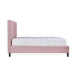 A single pink upholstered bed with a quilted white mattress, shown in a side view against a white background.