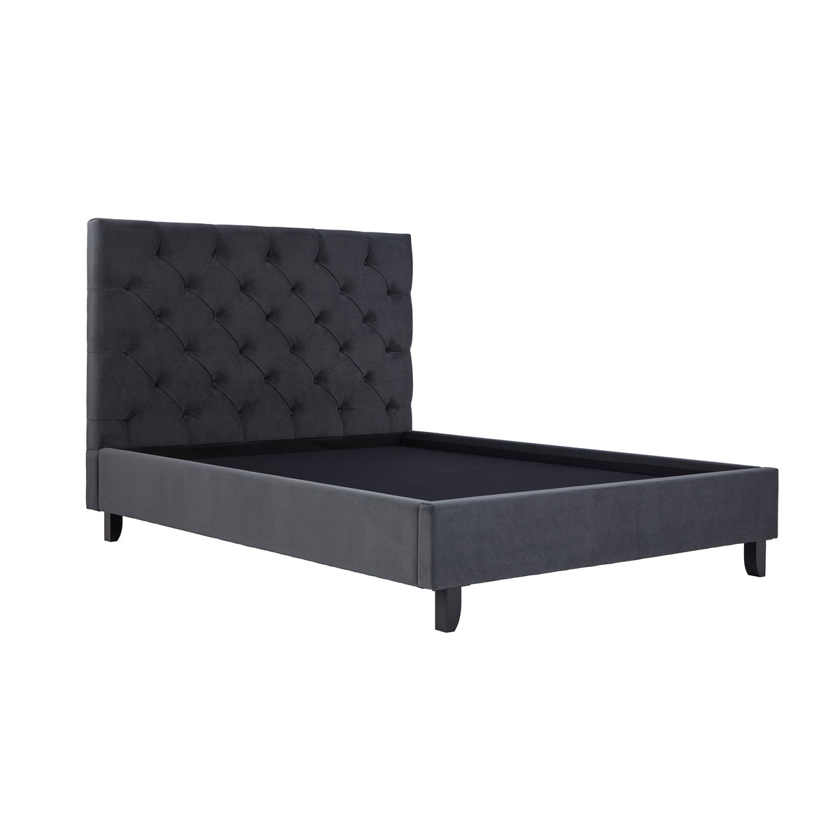 Upholstered bed with tall, tufted headboard, staged against a white background.