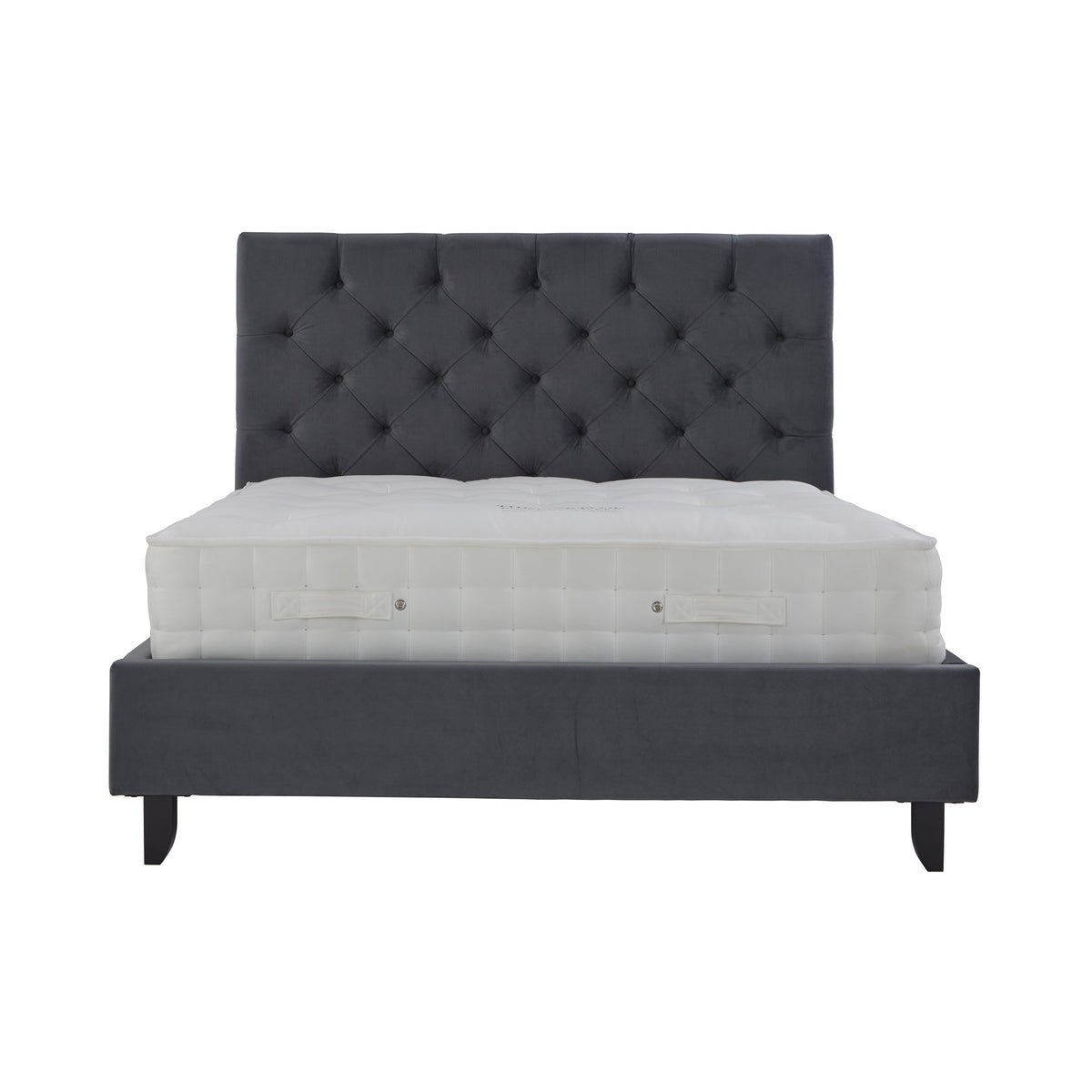 A gray upholstered bed with a button-tufted headboard and a white mattress, isolated against a white background.