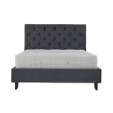 A gray upholstered bed with a button-tufted headboard and a white mattress, isolated against a white background.