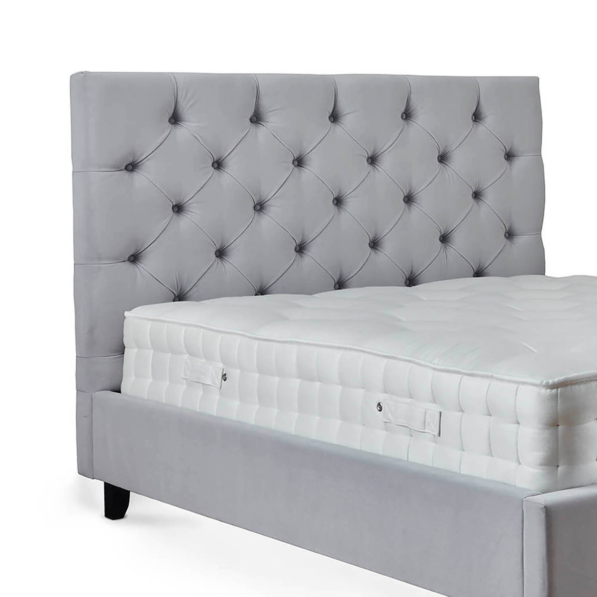 Finley Silver Mink Velvet Upholstered Bed Frame close up of button tufted headboard