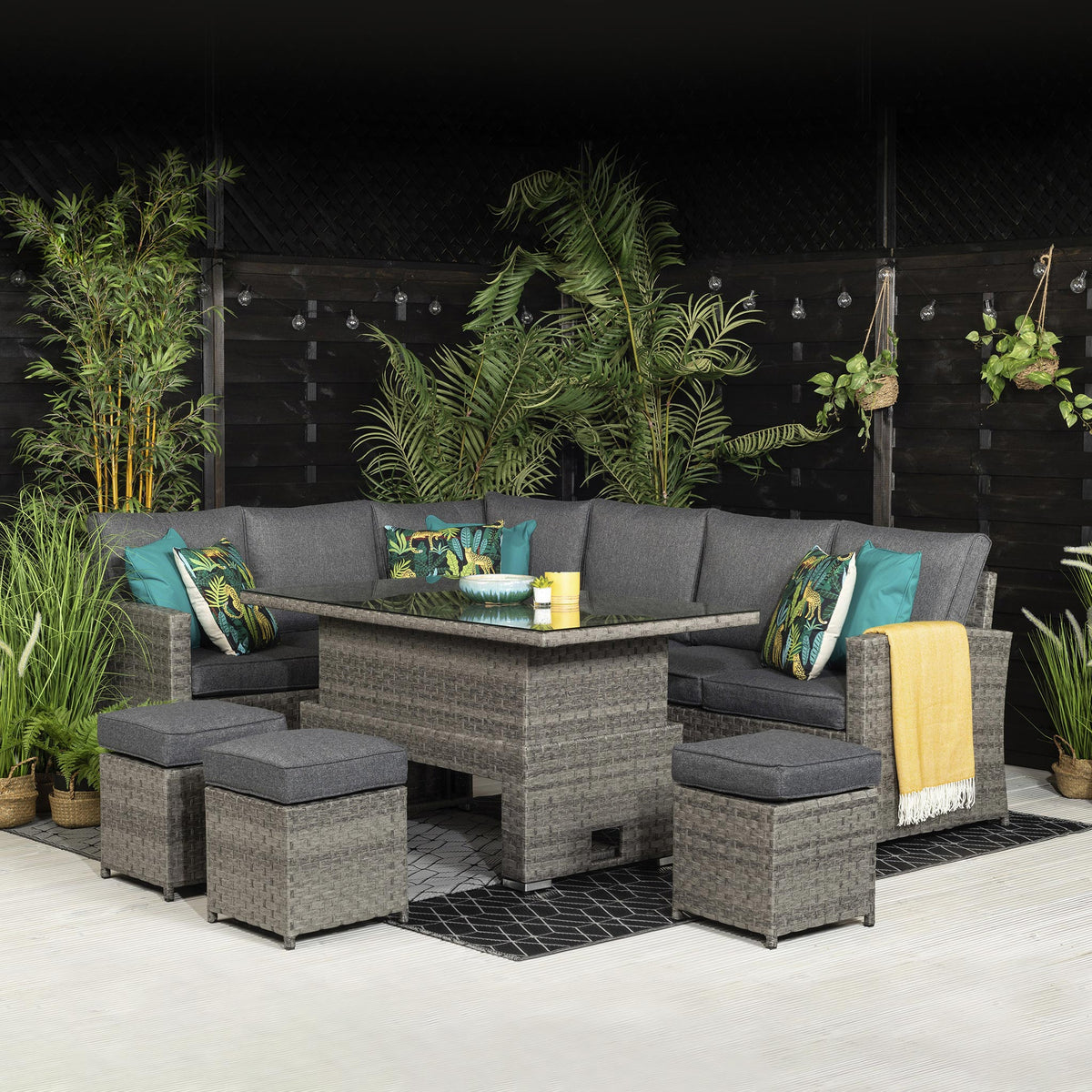 Melody Grey Rattan Garden Corner Lounge Set with Rising Table from Roseland Furniture