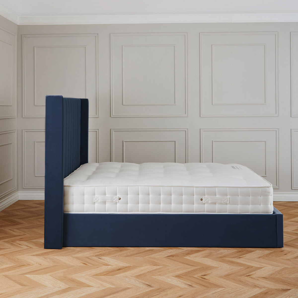 Maude Navy Velvet Ottoman Storage Bed Frame 