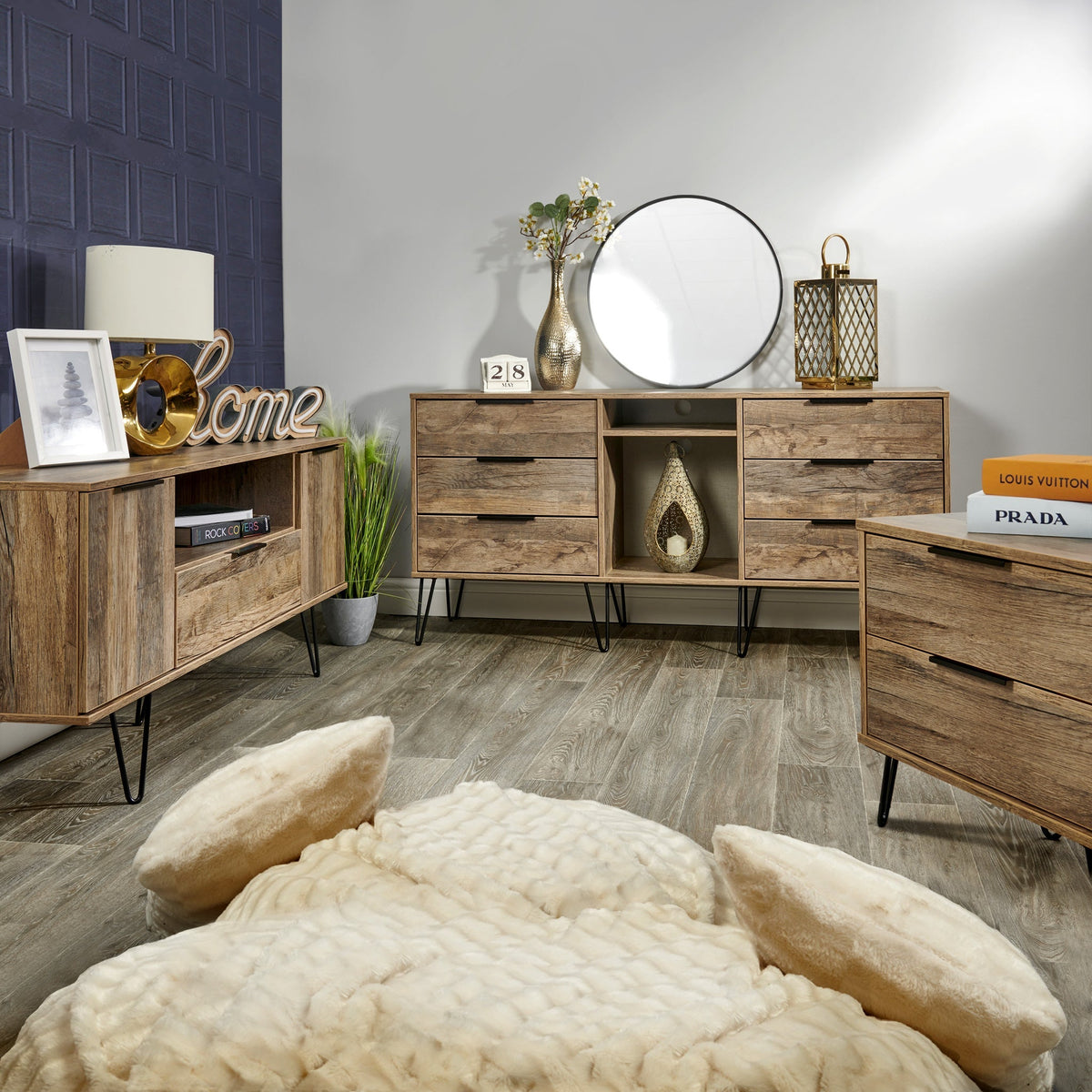 Moreno Rustic Oak Wireless Charging 2 Drawer Sofa Side Lamp Table for living room
