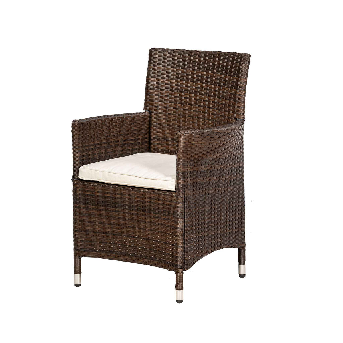 A brown wicker dining chair with a high back and a white cushion on a solid, uniform background.