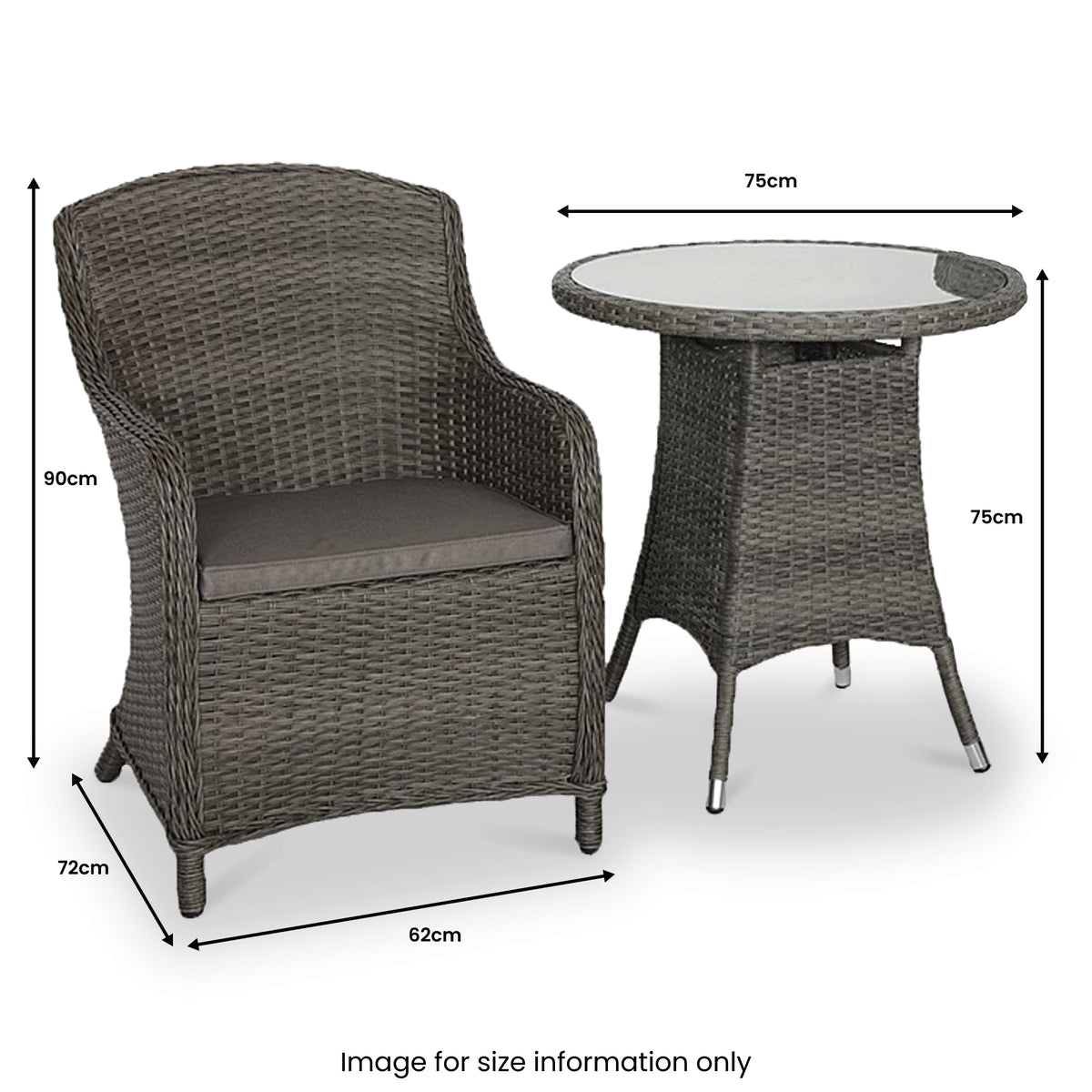 Paris 2 Seat Lux Rattan Bistro Set dimensions