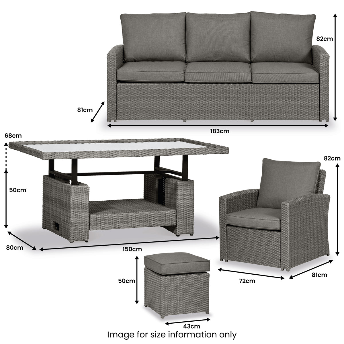 Paris Rattan Seven Seater Deluxe Sofa Dining Set dimensions