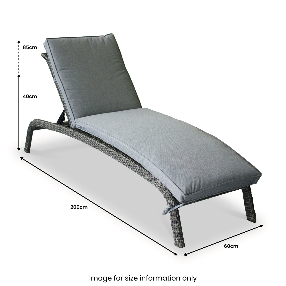 A gray sun lounger with cushion, dimensions labeled: height at back 85 cm, seat height 40 cm, length 200 cm, width 60 cm. Context is for size illustration.