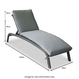 A gray sun lounger with cushion, dimensions labeled: height at back 85 cm, seat height 40 cm, length 200 cm, width 60 cm. Context is for size illustration.