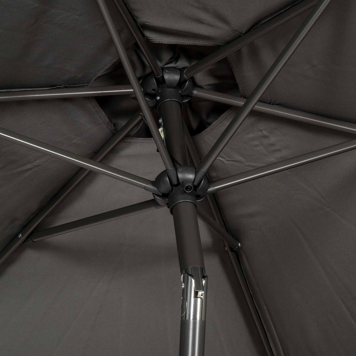 close up of 6 grey aluminium ribs on the Grey 2.5m Parasol
