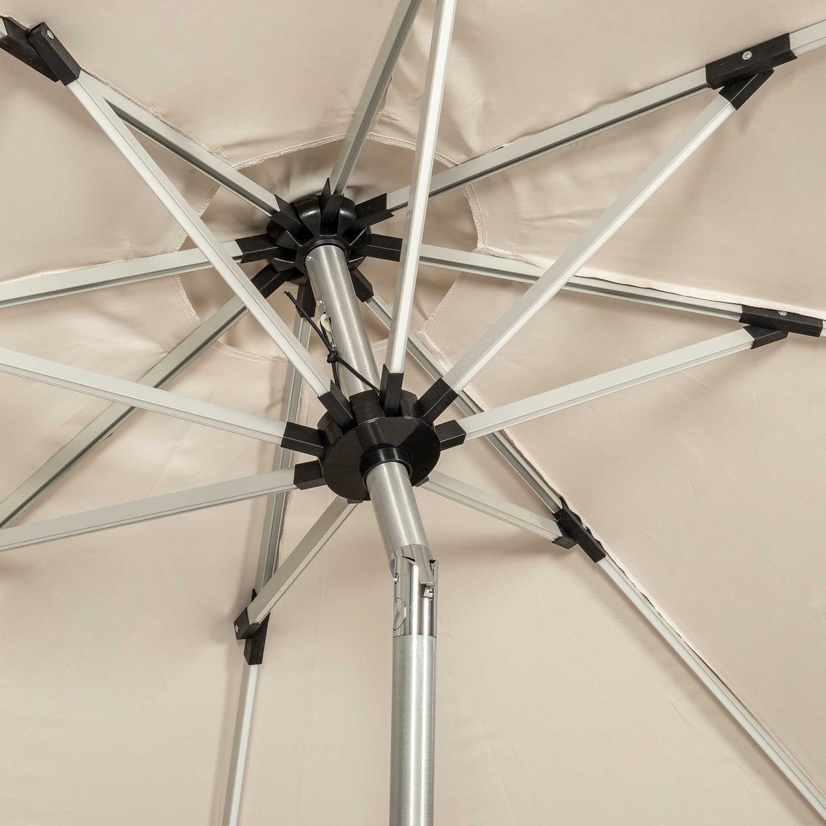 close up of the LED ribs on the 2.7m Ivory LED Lit Solar Powered Outdoor Crank and Tilt Parasol Canopy