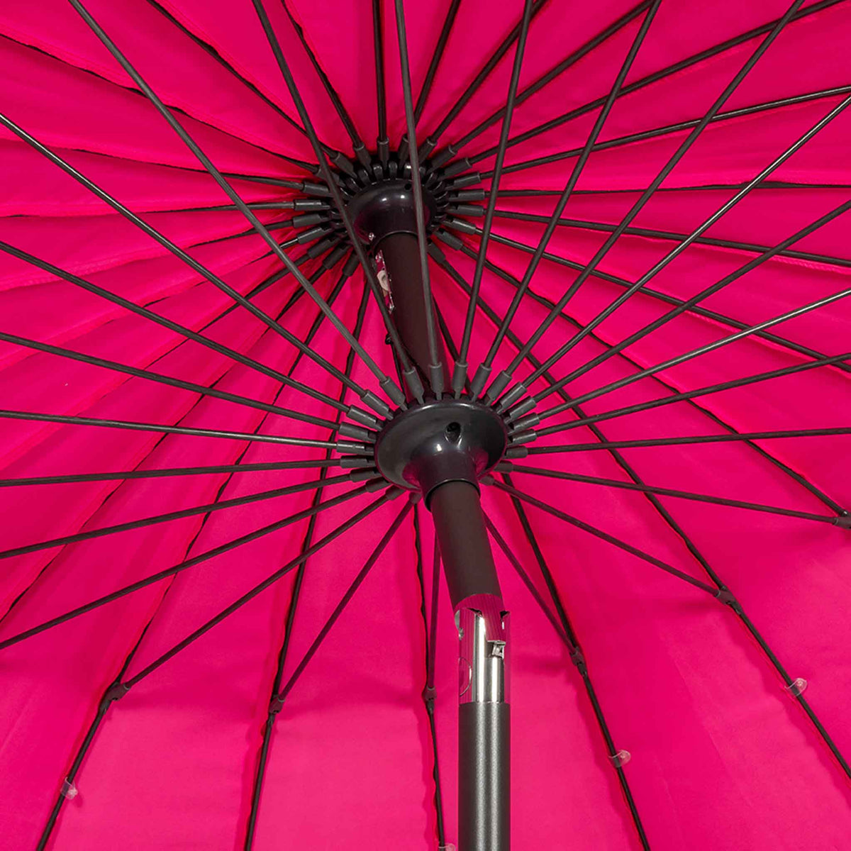 close up of aluminium ribs on the 2.7m Pink Shanghai Crank & Tilt Outdoor Garden Parasol 