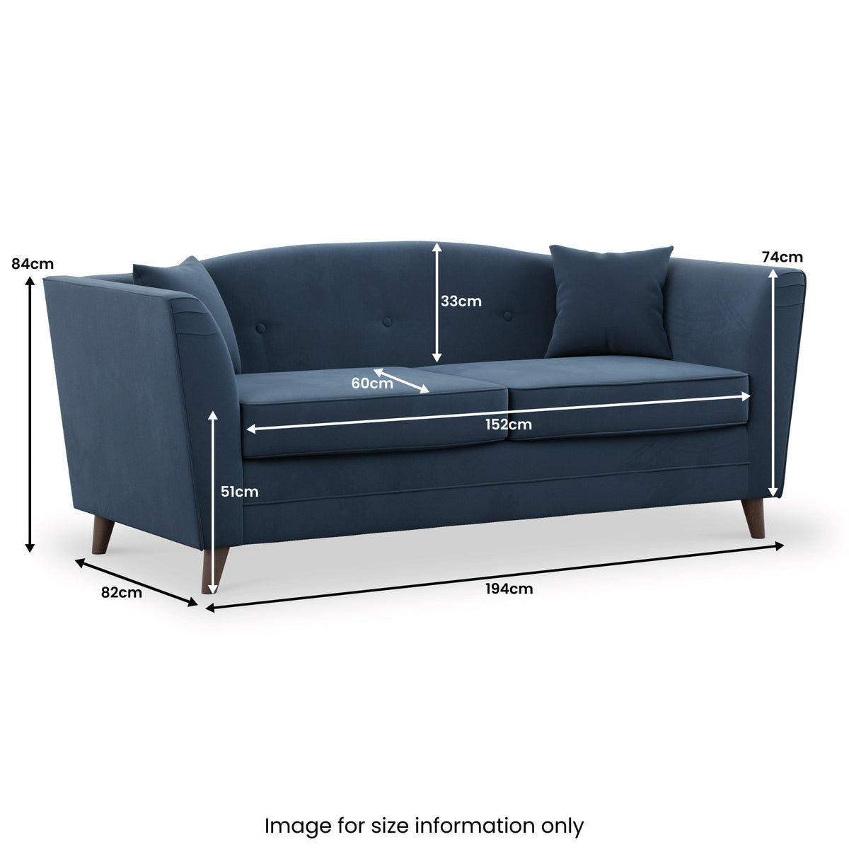 Pippa Plush Velvet 3 Seater Sofa dimensions
