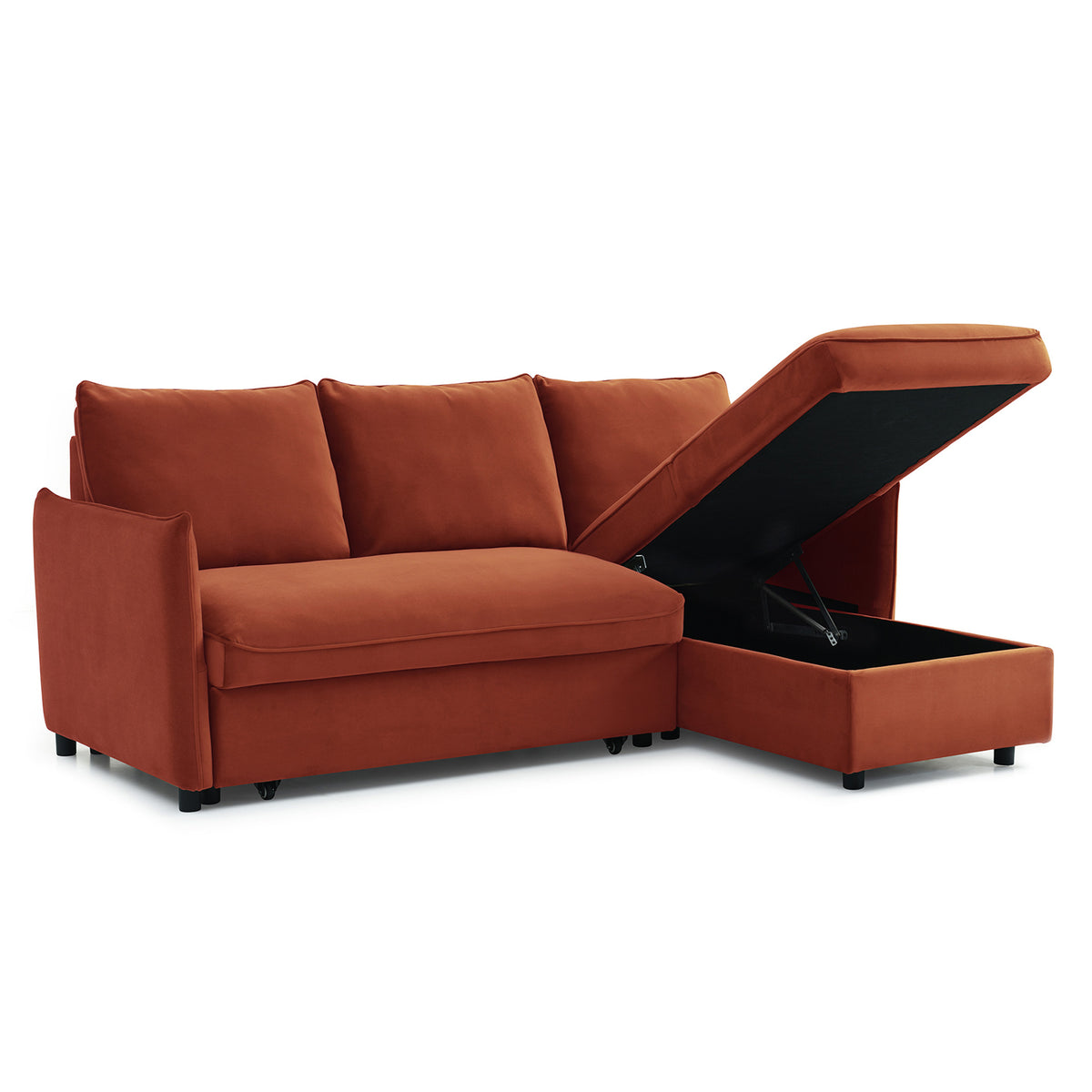 Thalia Burnt Orange Velvet 3 Seater Corner Chaise Sofa Bed