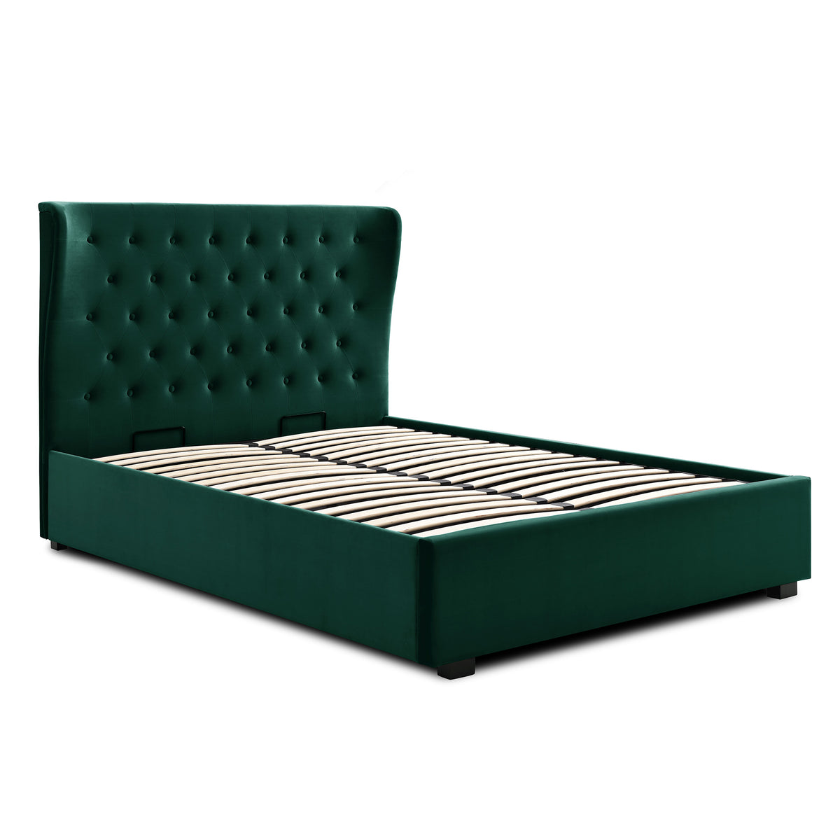 Richmond Bottle Green Velvet Ottoman Storage Bed Frame with winged headboard