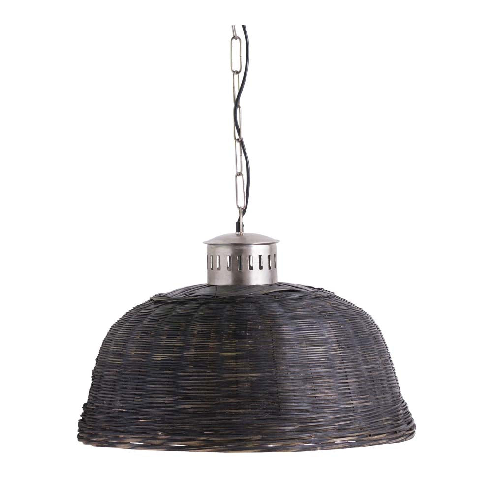 A woven dark wicker pendant light hangs via a metal chain, isolated against a white background.