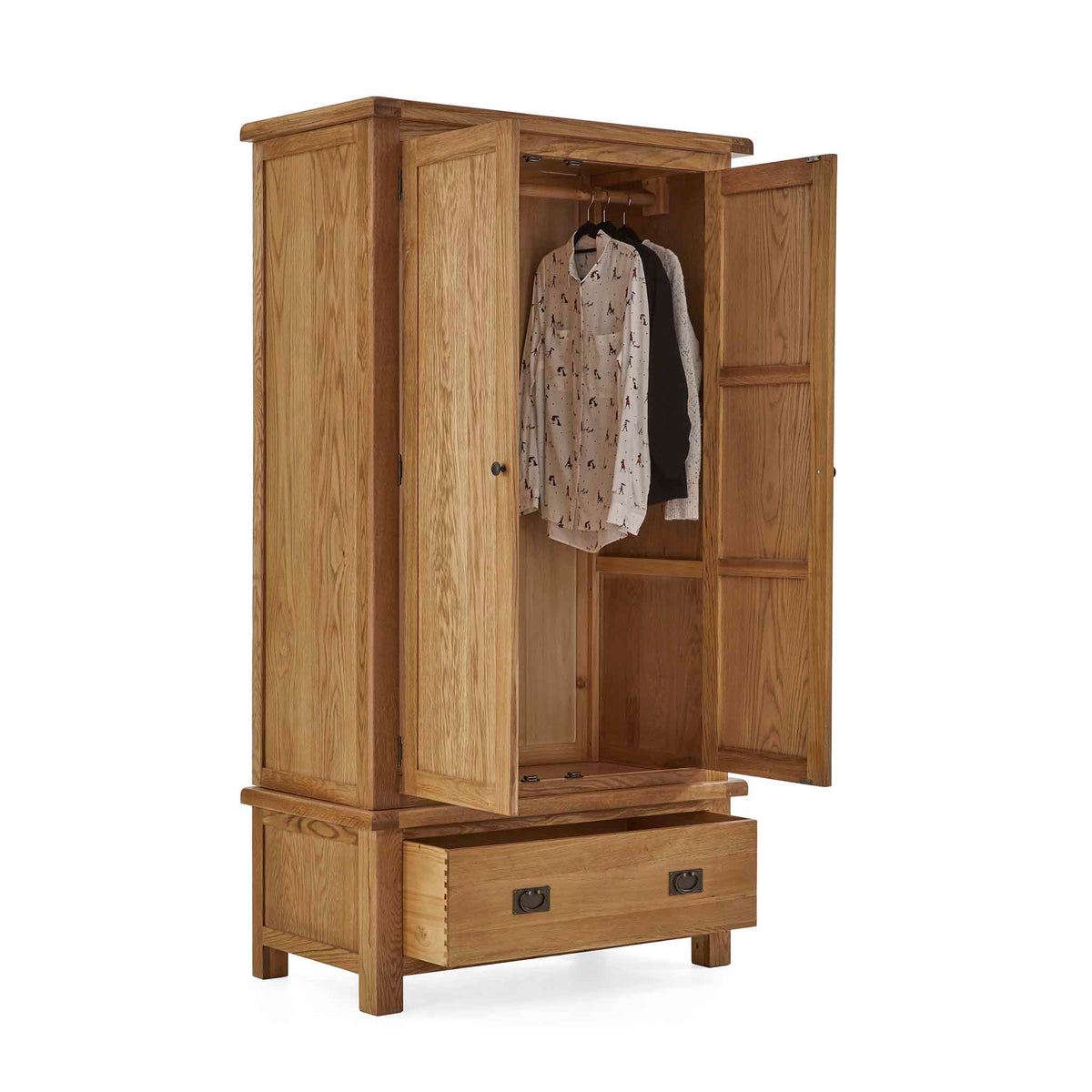 Zelah Oak Double Wardrobe with Drawer - Side view with wardrobe and drawer open and some clothes hanging