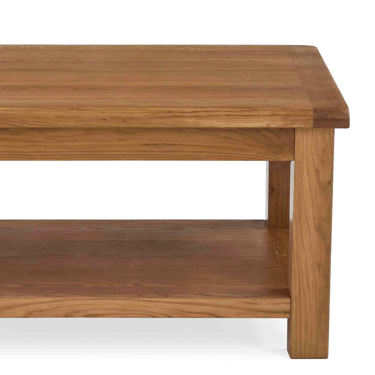 Zelah Oak Large Coffee Table - Close up of top and lower shelf