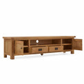 Zelah Oak 200cm TV Stand - Side view with cupboards and drawers open