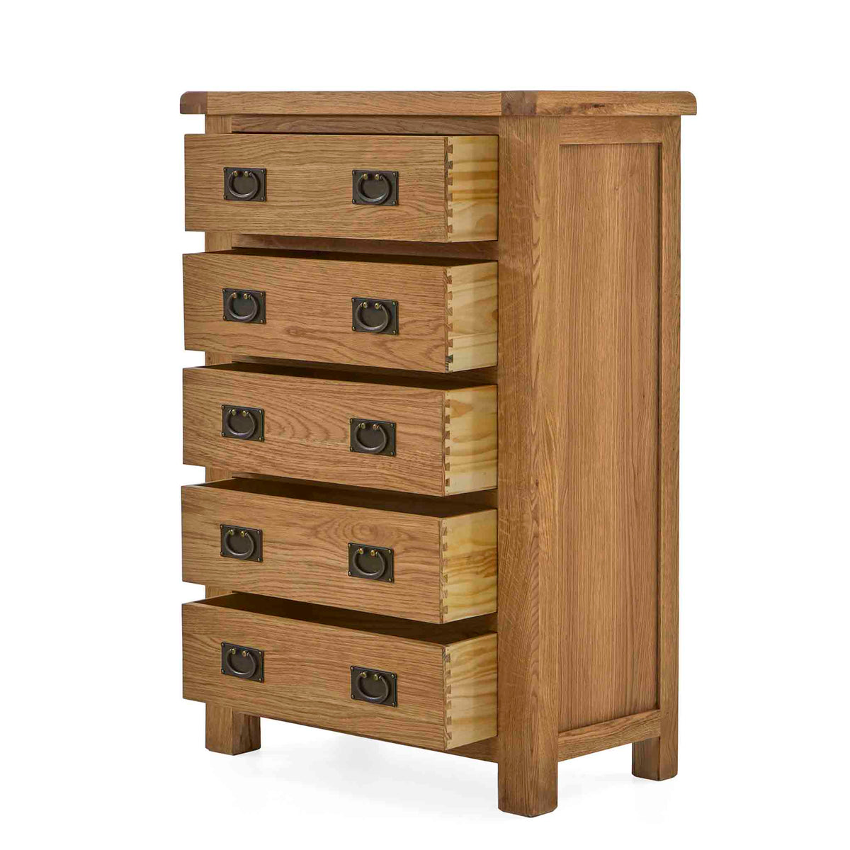 Zelah Oak 5 Drawer Chest of Drawers - Side view with drawers open