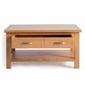 London Oak Coffee Table with Drawer - Front view with Drawer Open