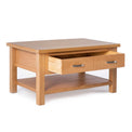 London Oak Coffee Table with Drawer - Side View with Drawer Open