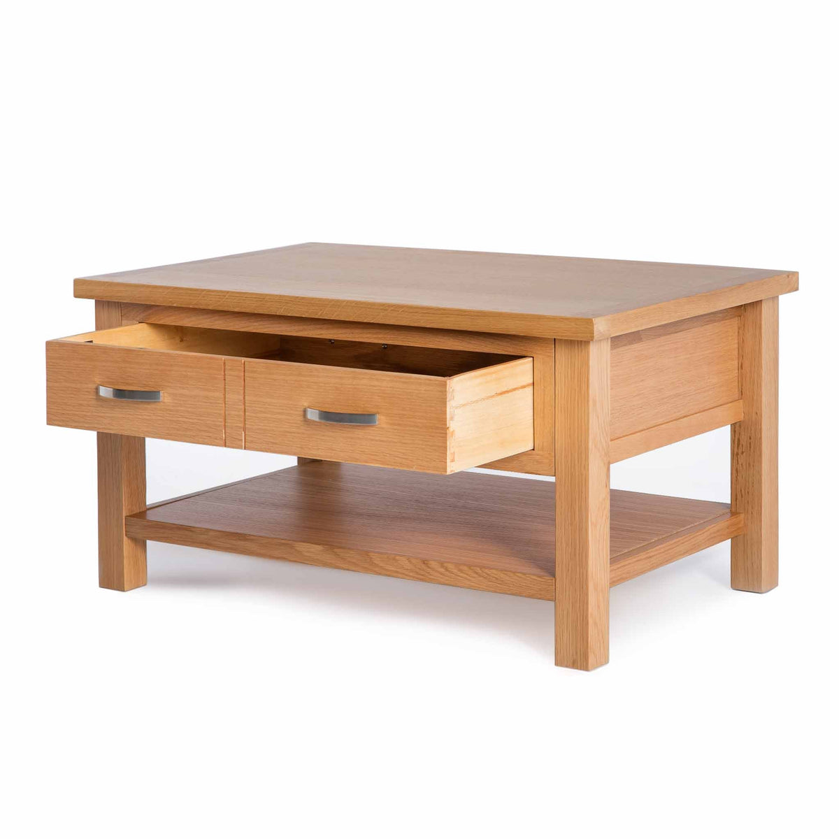 London Oak Coffee Table with Drawer - Side View with Drawer Open